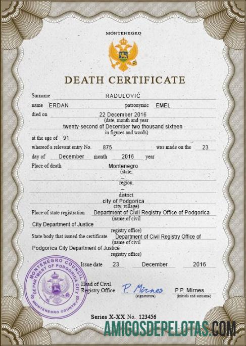 Imprimível modelo PSD de certidão de óbito de registro vital de Montenegro